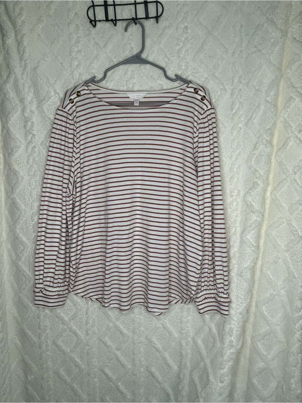 Striped Boatneck Long-Sleeve Top with Button Detail - White & Brown